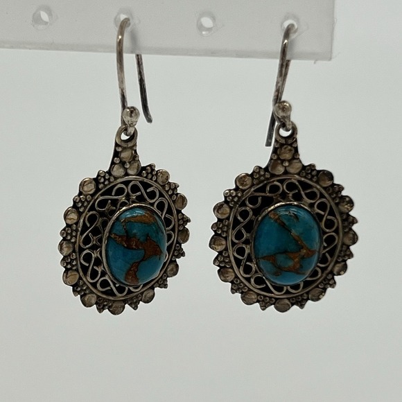 Vintage Sterling Silver 925 Marcasite & Turquoise Howlite Dangle Earrings - Picture 1 of 6